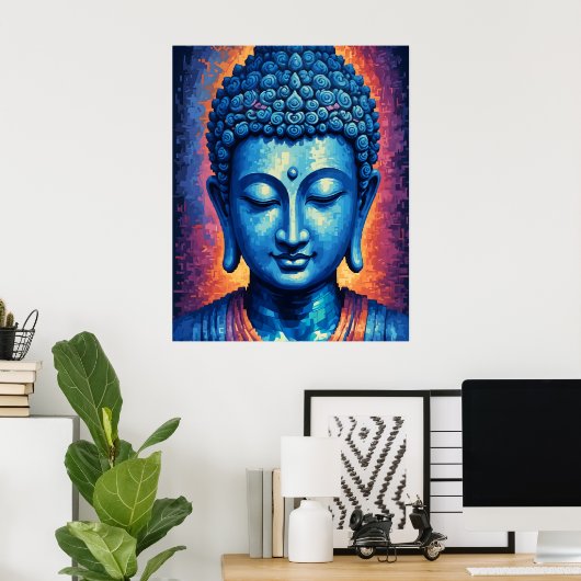 Blue Buddha Modernes Abstrakt Pixel Art Poster (Heimbüro)
