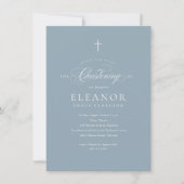 Blue Budget Elegance Cross Calligraphy Christening Einladung (Vorderseite)