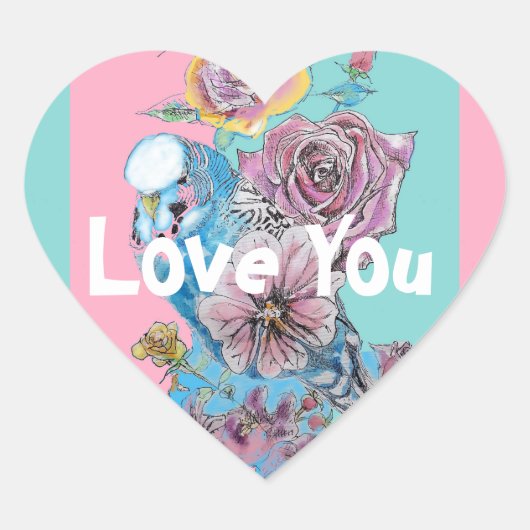 Blue Budgie Bird Rose Blume Liebe Malerei Aqua Herz-Aufkleber (Vorderseite)