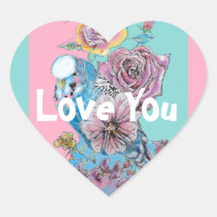 Blue Budgie Bird Rose Blume Liebe Malerei Aqua Herz-Aufkleber