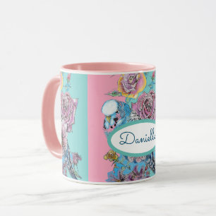 Blue Budgie Bird Rose Floral Pink Aqua Tasse