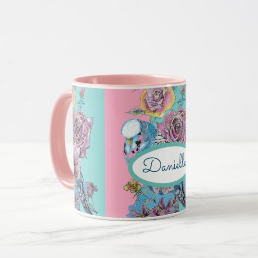 Blue Budgie Bird Rose Floral Pink Aqua Tasse (Vorderseite Links)