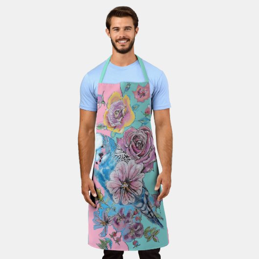 Blue Budgie Blume Rose Rosa Blumenküche Schürze (Getragen)