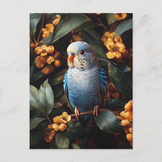 Blue Budgie Budgerigar Gelbe Blumen Postkarte (Vorderseite)