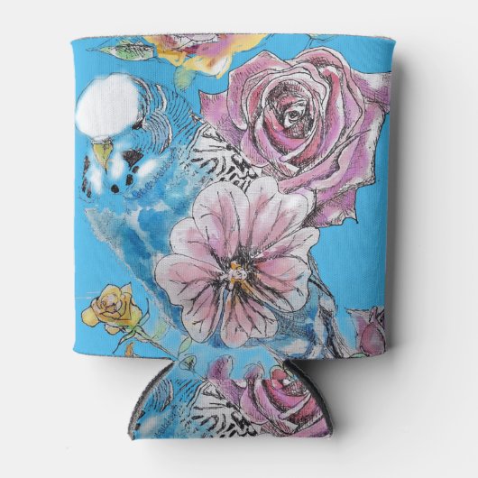 Blue Budgie Budgerigar Rose Wasserfarbene Kunst Dosenkühler (Vorderseite)