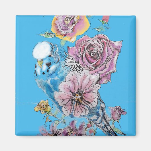 Blue Budgie Budgerigar Rose Wasserfarbene Kunst Magnet (Vorne)