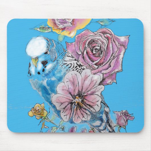 Blue Budgie Budgerigar Rose Wasserfarbene Kunst Mousepad (Vorne)