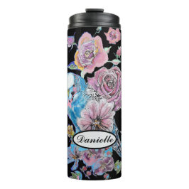 Blue Budgie Budgerigar Rose Wasserfarbene Kunst Thermosbecher