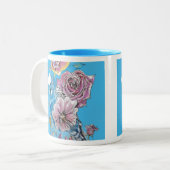 Blue Budgie Budgerigar Rose Wasserfarbene Kunst Zweifarbige Tasse (Vorderseite Links)