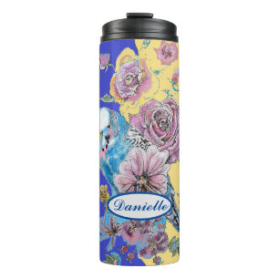 Blue Budgie Budgerigar Rose Wasserfarbenflorale Ma Thermosbecher
