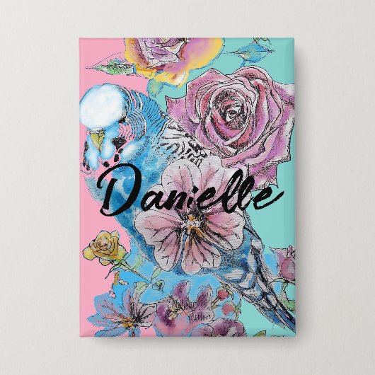 Blue Budgie Budgie Rose Blume Blumenstrauß Button (Vorderseite)