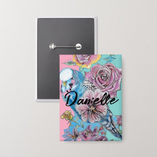 Blue Budgie Budgie Rose Blume Blumenstrauß Button (Vorderseite/Rückseite)