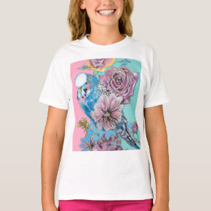 Blue Budgie Budgie Rose Blume Blumenstrauß T-Shirt