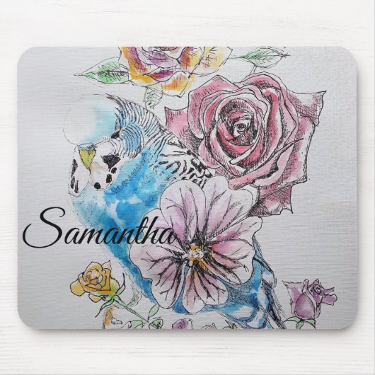 Blue Budgie Budgies Rose Blume Blumenstrauß Mousepad (Vorne)