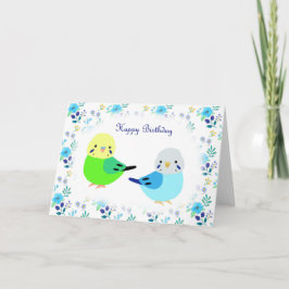 Blue Budgie Green Budgie Floral Happy Birthday Karte