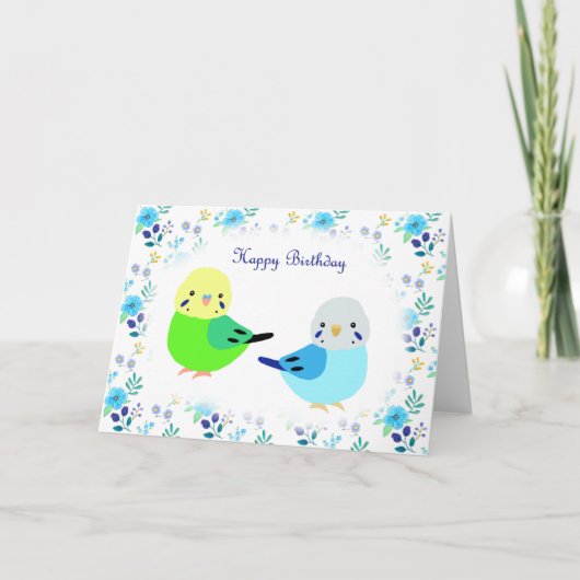 Blue Budgie Green Budgie Floral Happy Birthday Karte (Vorderseite)