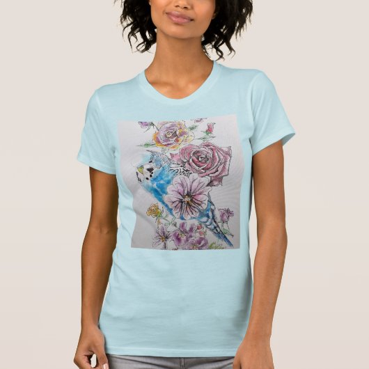 Blue Budgie mit Rose Wasserfarbene Frauen im Shirt (Vorderseite)