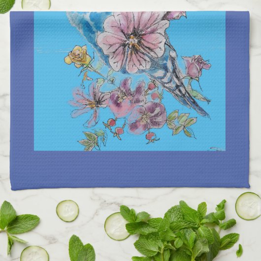 Blue Budgie Niedlich Whimsical Navy Blauer Blument Geschirrtuch (Gefaltet)