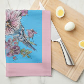 Blue Budgie Niedlich Whimsical Pink Blauer Blumens Geschirrtuch (Viertel Falte)