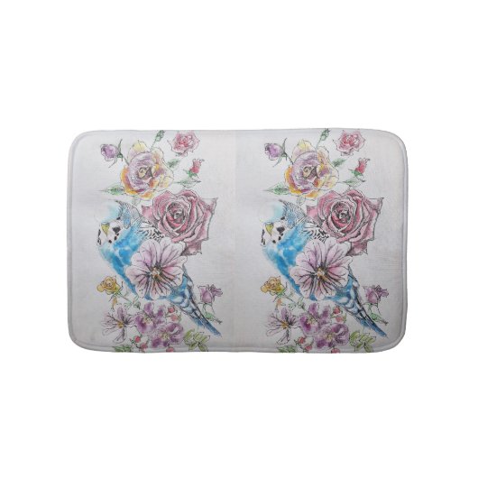 Blue Budgie & Rose Blume Bath Mat Badematte (Vorderseite)