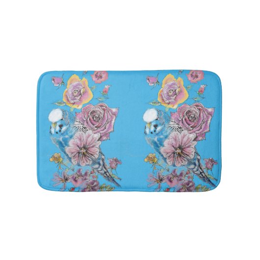 Blue Budgie & Rose Blume Bath Mat Badematte (Vorderseite)