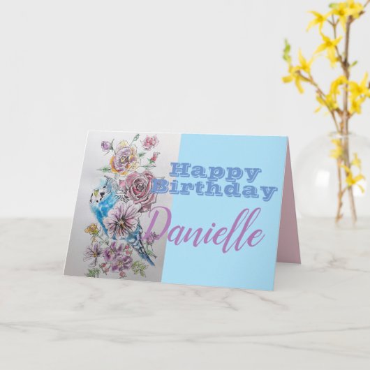 Blue Budgie & Rose Blume Happy Birthday Name Card Karte (Gelbe Blume)