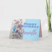 Blue Budgie & Rose Blume Happy Birthday Name Card Karte (Vorderseite)
