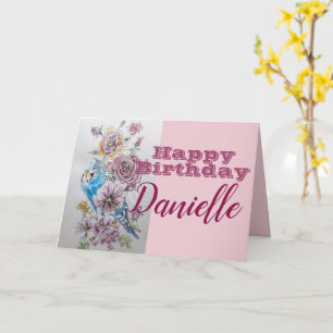 Blue Budgie & Rose Blume Happy Birthday Name Card Karte
