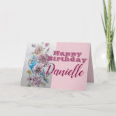 Blue Budgie & Rose Blume Happy Birthday Name Card Karte (Vorderseite)