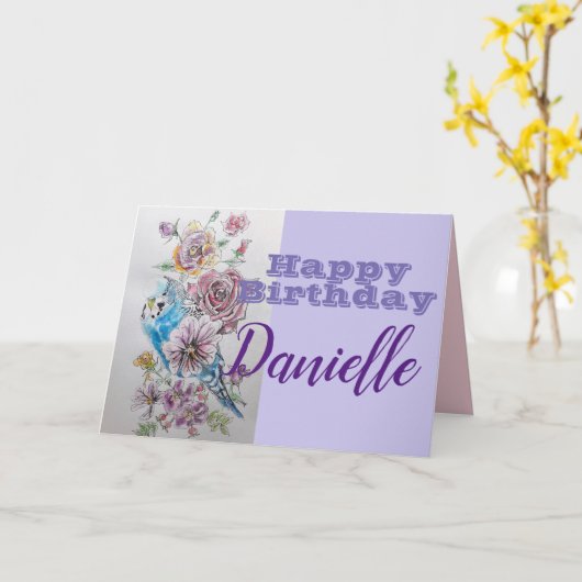 Blue Budgie & Rose Blume Happy Birthday Name Card Karte (Gelbe Blume)