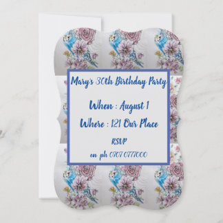Blue Budgie Rose Floral 40. Geburtstag Einladung