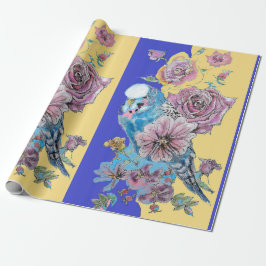Blue Budgie Rose Kunst Blume Watercolor Wrapping Geschenkpapier