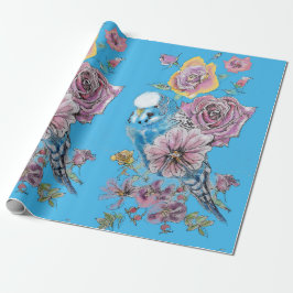 Blue Budgie Rose Kunst Blume Watercolor Wrapping Geschenkpapier