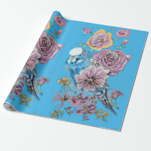 Blue Budgie Rose Kunst Blume Watercolor Wrapping Geschenkpapier
