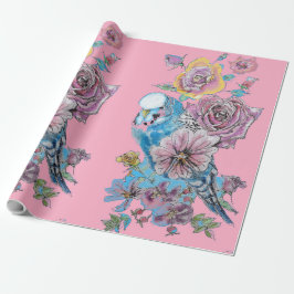 Blue Budgie Rose Kunst Blume Watercolor Wrapping Geschenkpapier