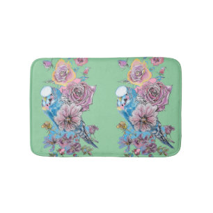Blue Budgie & Rose Kunst, Dichtung und Blume Grün Badematte