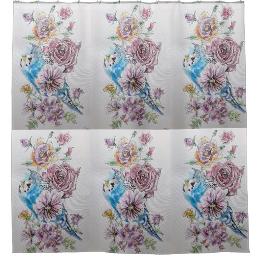 Blue Budgie & Rose Rose Blume Duschvorhang (Vorderseite)