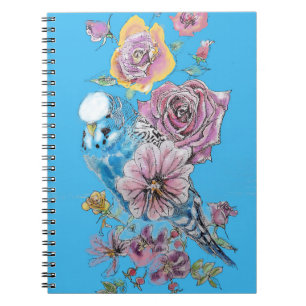 Blue Budgie Rose Watercolor Bird Notebook Notizblock