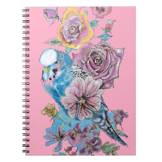 Blue Budgie Rose Watercolor Pink Bird Notebook Notizblock (Vorderseite)