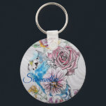 Blue Budgie & Roses Watercolor Girls Name Key Ring Schlüsselanhänger<br><div class="desc">Blue Budgie & Roses Watercolor Art Key Ring,  with a fully customizable name. This glorious keyring would make a great gift for anyone. Designed by me from one of my original macaw watercolors. Especially lovely to have such a useful bright and happy gift!</div>