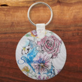Blue Budgie & Roses Watercolor Girls Name Key Ring Schlüsselanhänger (Vorderseite)