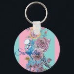 Blue Budgie & Roses Watercolor Girls Name Key Ring Schlüsselanhänger<br><div class="desc">Blue Budgie & Roses Watercolor Art Key Ring,  with a fully customizable name. This glorious keyring would make a great gift for anyone. Designed by me from one of my original macaw watercolors. Especially lovely to have such a useful bright and happy gift!</div>