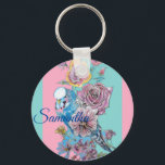 Blue Budgie & Roses Watercolor Girls Name Key Ring Schlüsselanhänger<br><div class="desc">Blue Budgie & Roses Watercolor Art Key Ring,  with a fully customizable name. This glorious keyring would make a great gift for anyone. Designed by me from one of my original macaw watercolors. Especially lovely to have such a useful bright and happy gift!</div>