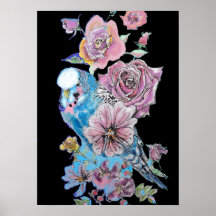 Blue Budgie Rote Rose Black Watercolor Art Poster