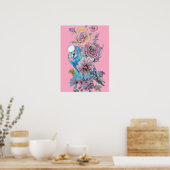 Blue Budgie Rote Rose Pink Aquarellkunst Poster (Küche)