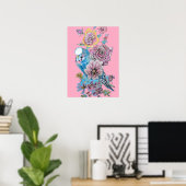 Blue Budgie Rote Rose Pink Aquarellkunst Poster (Heimbüro)