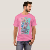 Blue Budgie Rote Rose Watercolor T-Shirt (Vorne ganz)