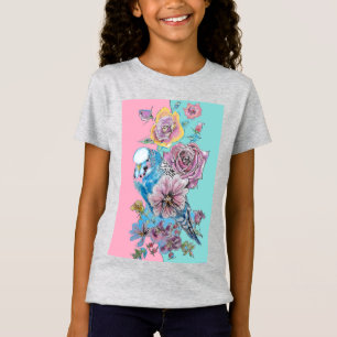 Blue Budgie Rote Rose Watercolor T-Shirt