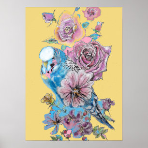 Blue Budgie Rote Rose Yellow Watercolor Art Poster