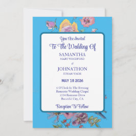 Blue Budgie Watercolor Blume Hochzeit Einladung
